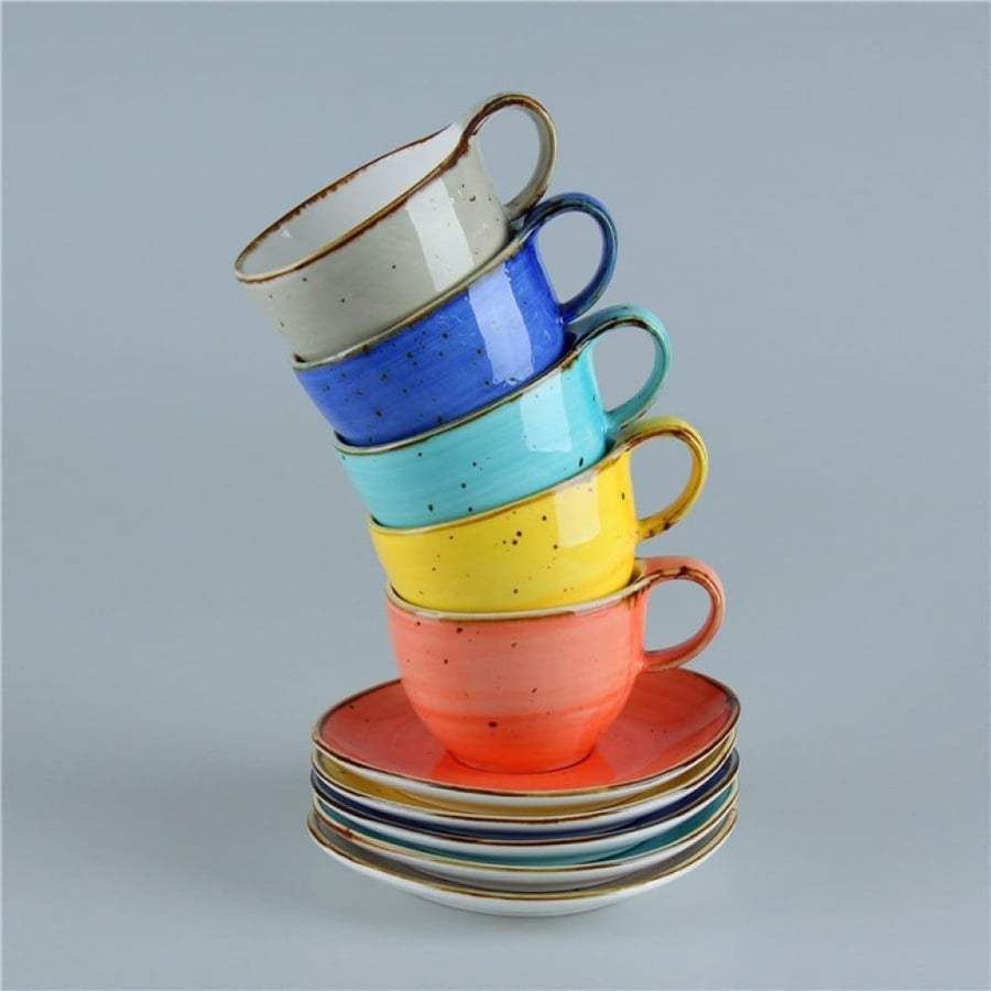 كوب سيراميك اصفر فاخر مع صحن منقط | CERAMIC YELLOW