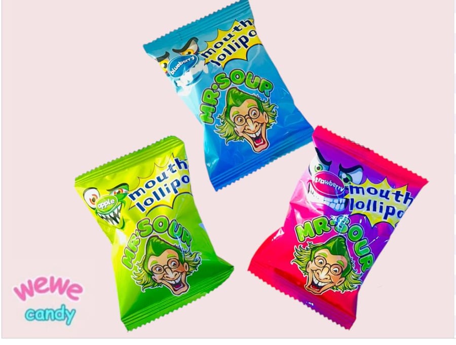 Lollipop sweetness Mr. Sour flavors multiple (apple / blueberry / strawberry) each