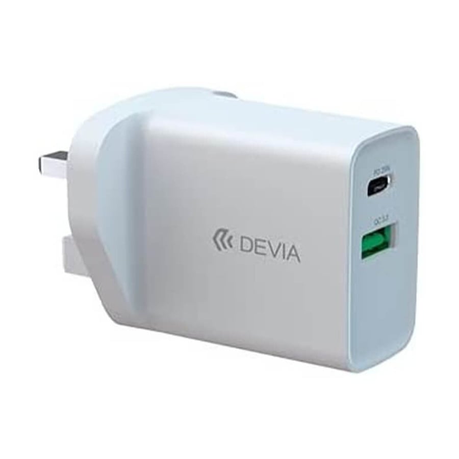 شاحن سريع من سلسلة Devia Smart USB-C PD (قابس المملكة المتحدة/20 وات) - شحن سريع 30 دقيقة إلى 55% - 3 أمبير - PC مقاوم للحريق - أبيض