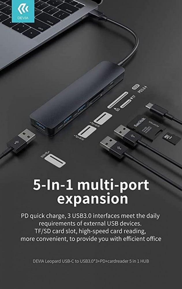 محول ديفيا ليوبارد 5 في 1 من النوع C إلى USB 3.0 مع قارئ بطاقات و 3 منافذ USB رمادي