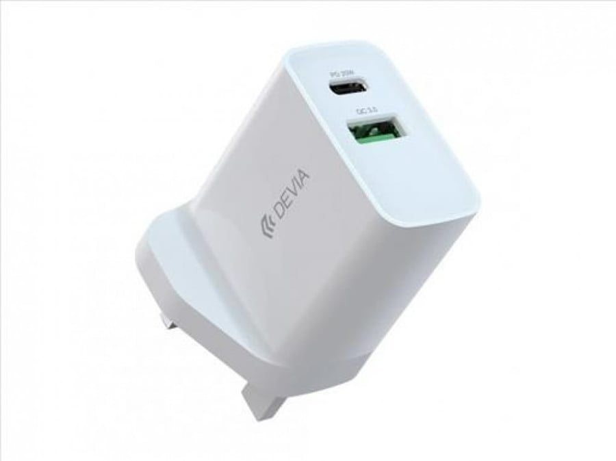 شاحن سريع من سلسلة Devia Smart USB-C PD (قابس المملكة المتحدة/20 وات) - شحن سريع 30 دقيقة إلى 55% - 3 أمبير - PC مقاوم للحريق - أبيض