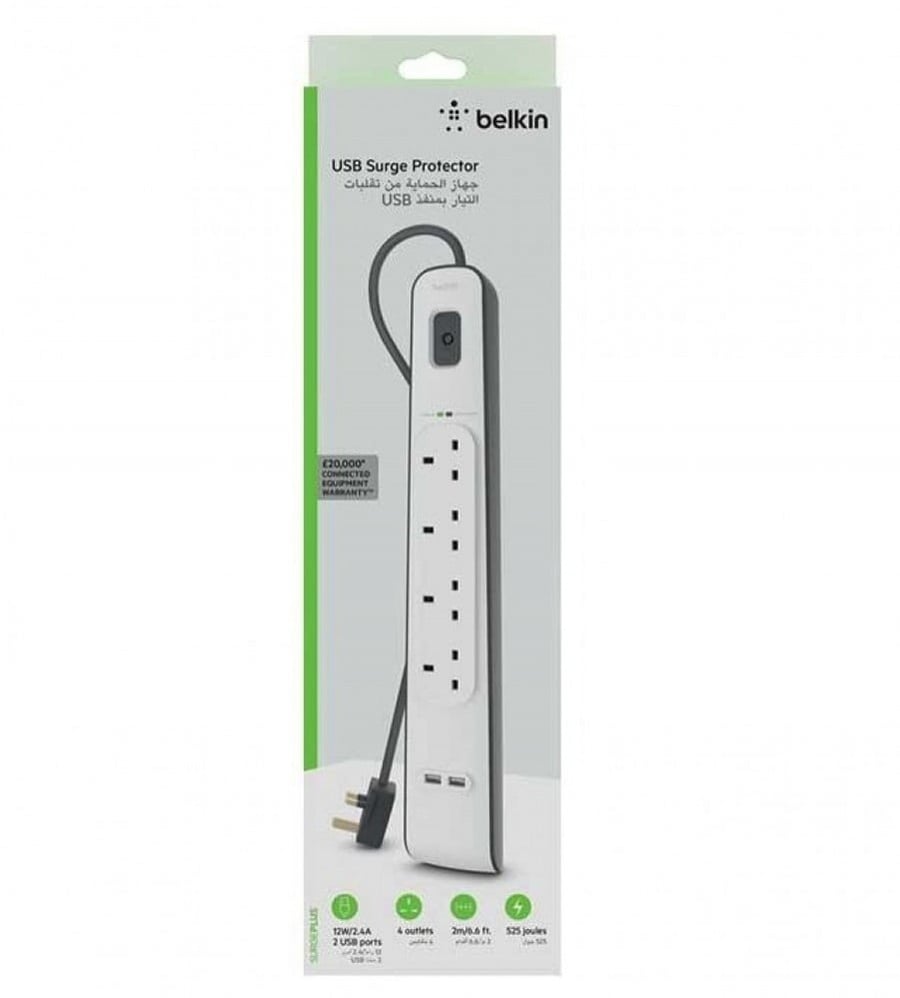 توصيلة بيلكن 4 منافذ طاقه مع 2 منفذ USB