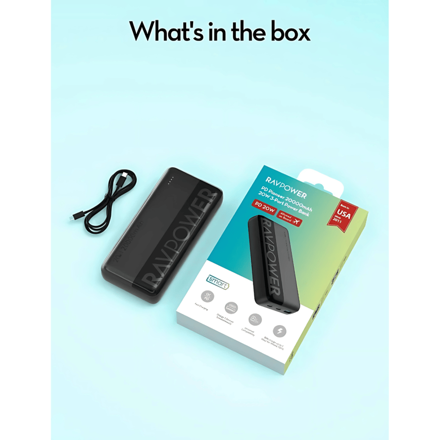RAV Power battery with 20-watt power, 20000 mAh capacity, two Type-C ports, one USB port, with LED display screen - black