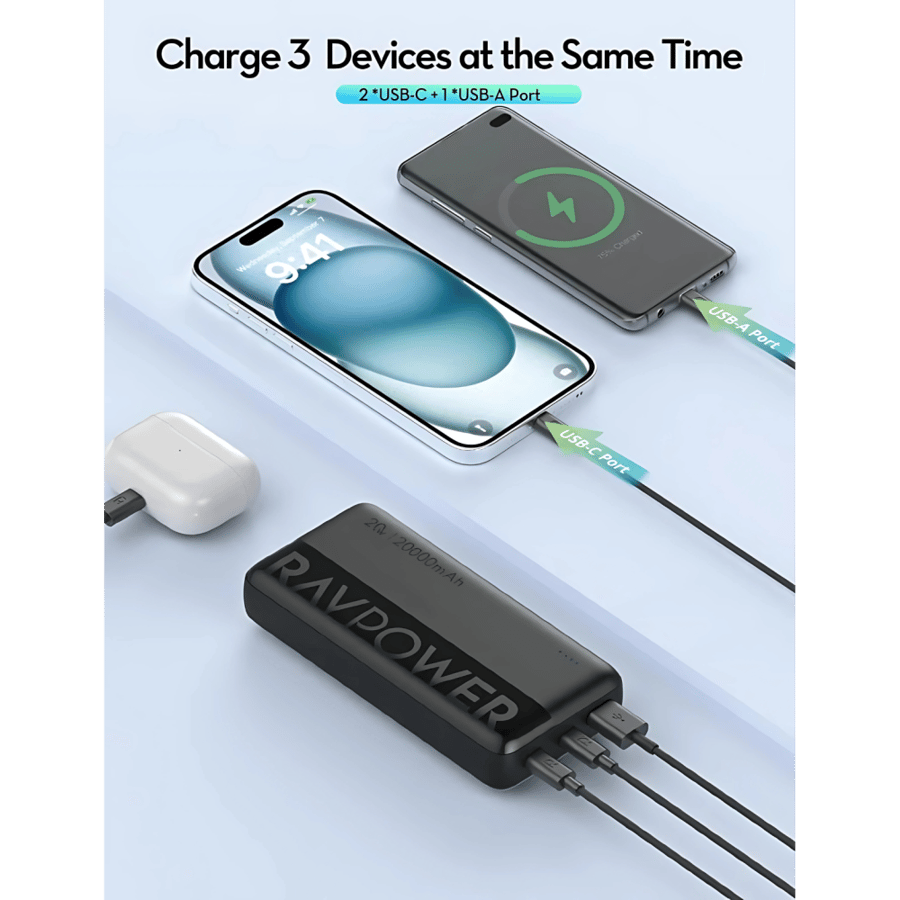 RAV Power battery with 20-watt power, 20000 mAh capacity, two Type-C ports, one USB port, with LED display screen - black