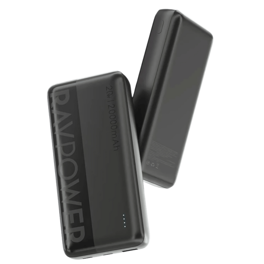 RAV Power battery with 20-watt power, 20000 mAh capacity, two Type-C ports, one USB port, with LED display screen - black