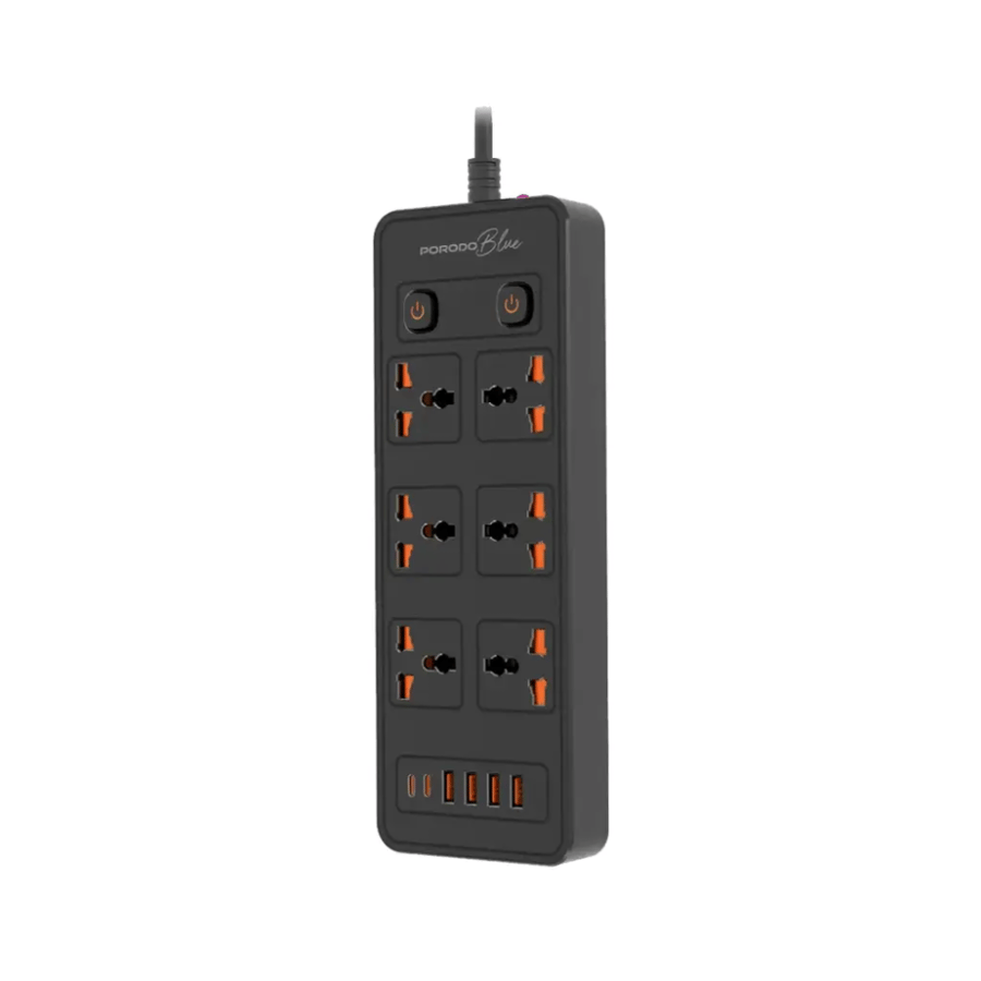 Porodo توصيلة طاقة مخارج 6 AC و 4منافذusb مع 2 cub-c- أسود