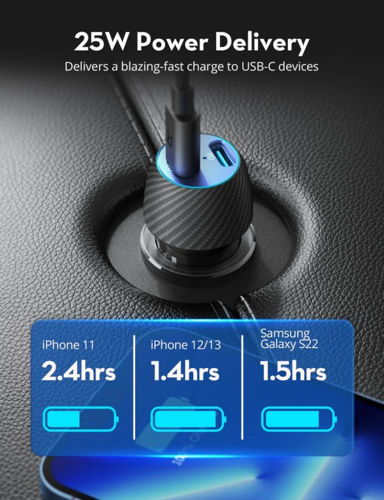 راف باور شاحن سيارة بايونير 50 واط بمنفذين USB-C - اسود