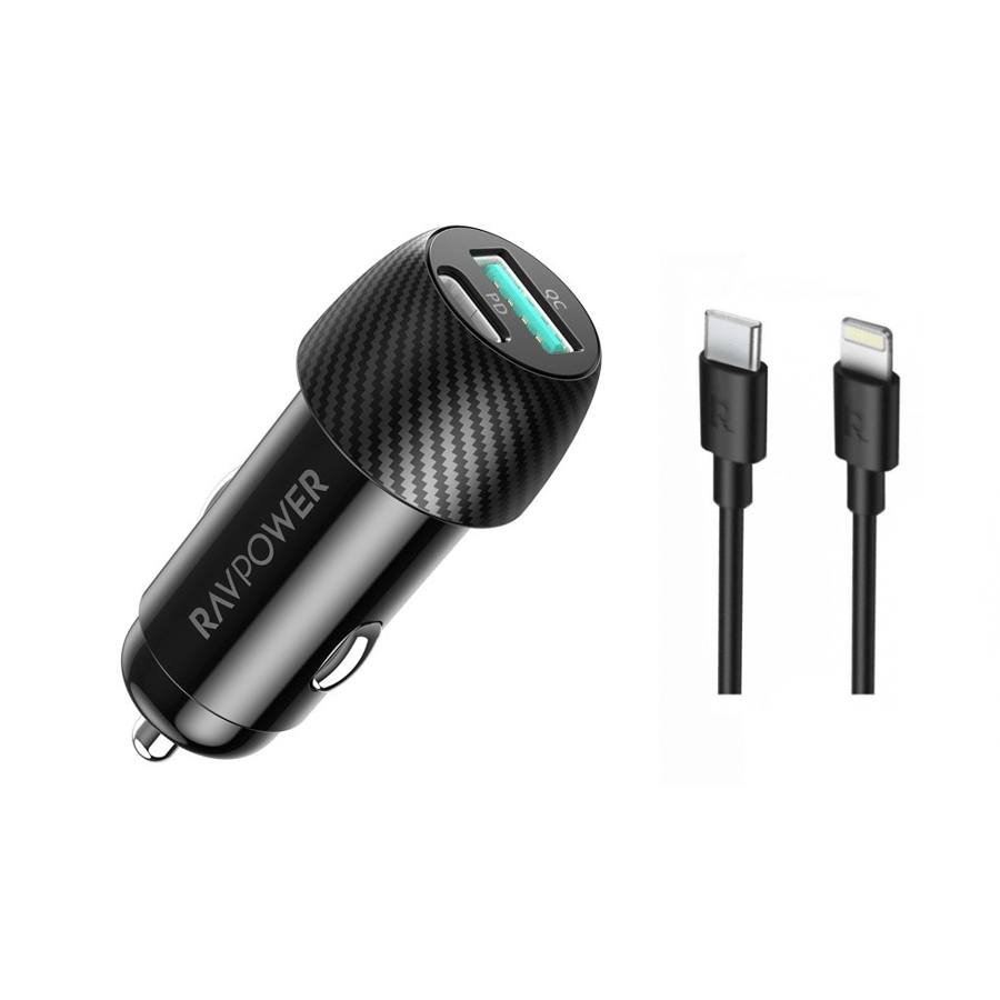 شاحن سيارة راف باور بايونير 49 واط بمنفذ USB-C ومنفذ USB-A + كيبل راف باور بي دي ايفون بطول 1متر - اسود