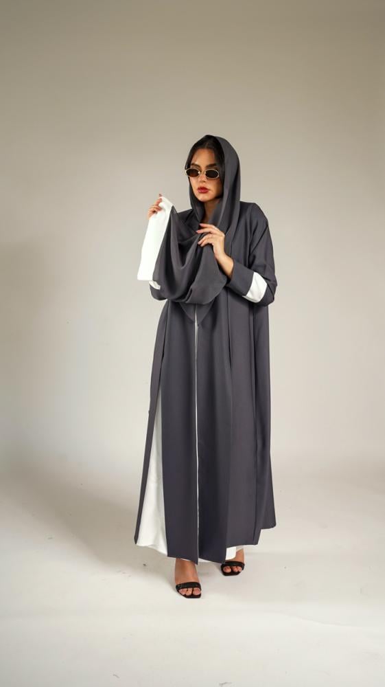 عباية لون رمادي غامق وأبيض