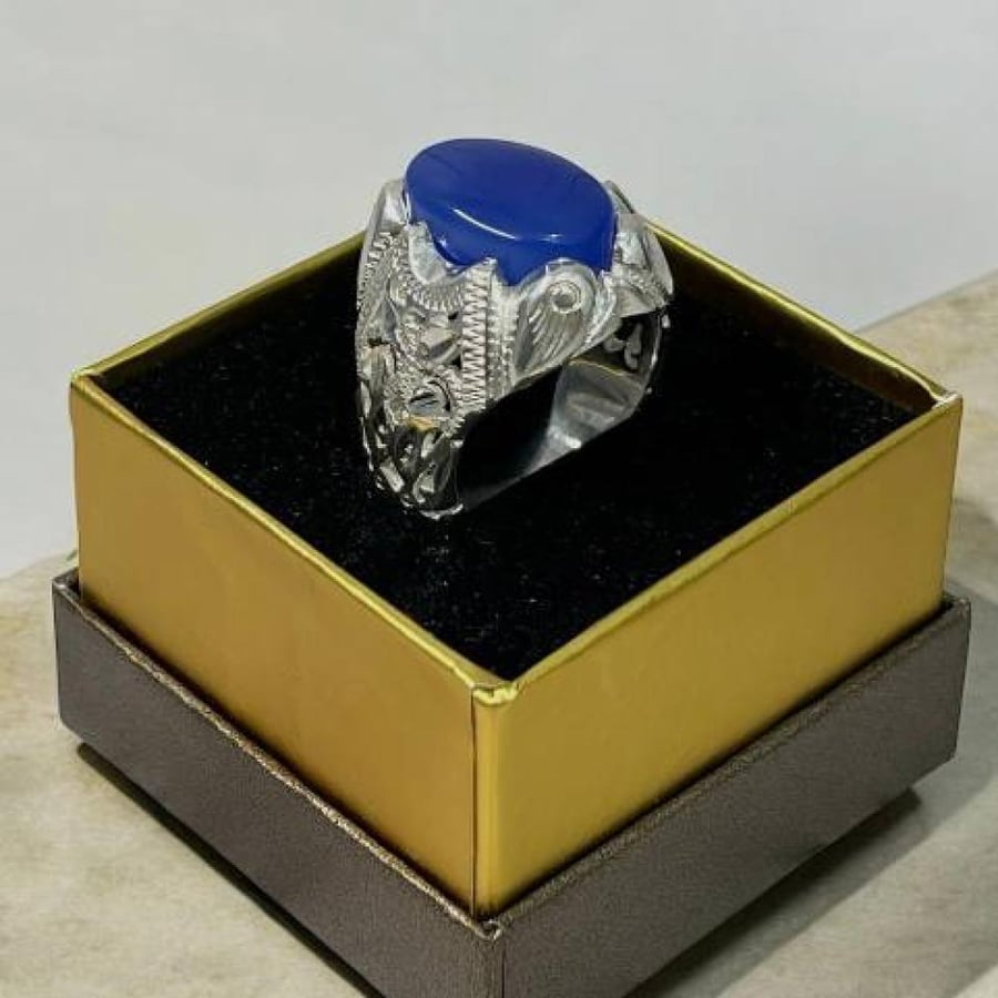 Men's silver ring with blue Yamanite agate stone