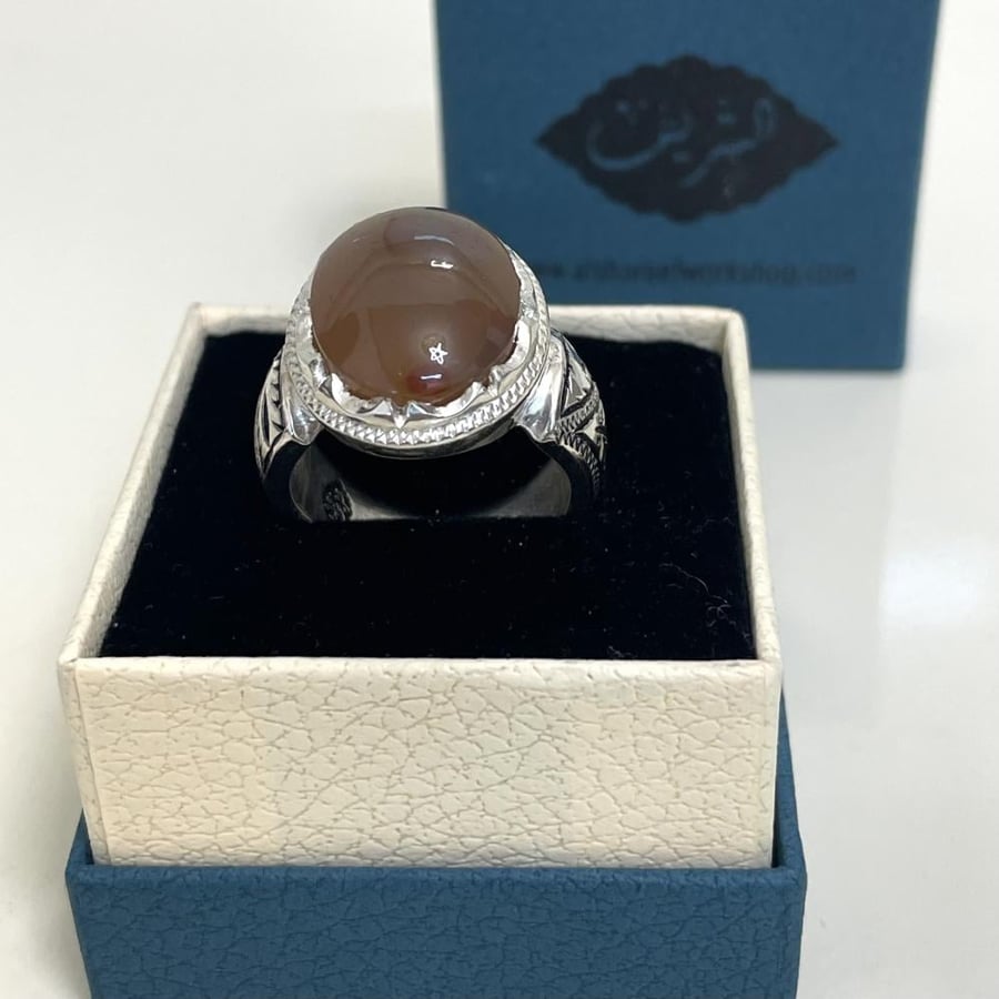 Men's silver ring with natural Yemeni cornelian stone