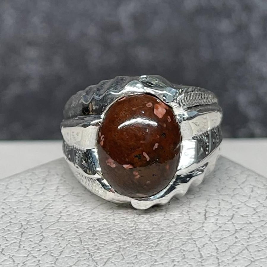 Men's silver ring with natural Mount Uhud stone