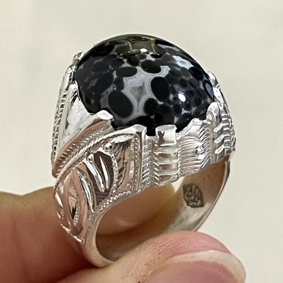 Men's silver ring with agate stone, snake skin, natural Yemeni