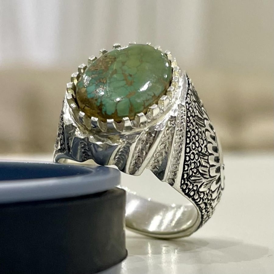 Men's silver ring with natural Nishapur turquoise stone