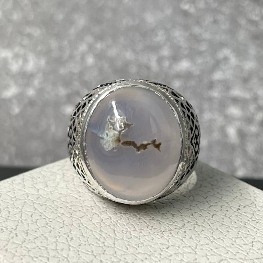 Men's silver ring with natural Yemeni agate Kharaiti stone