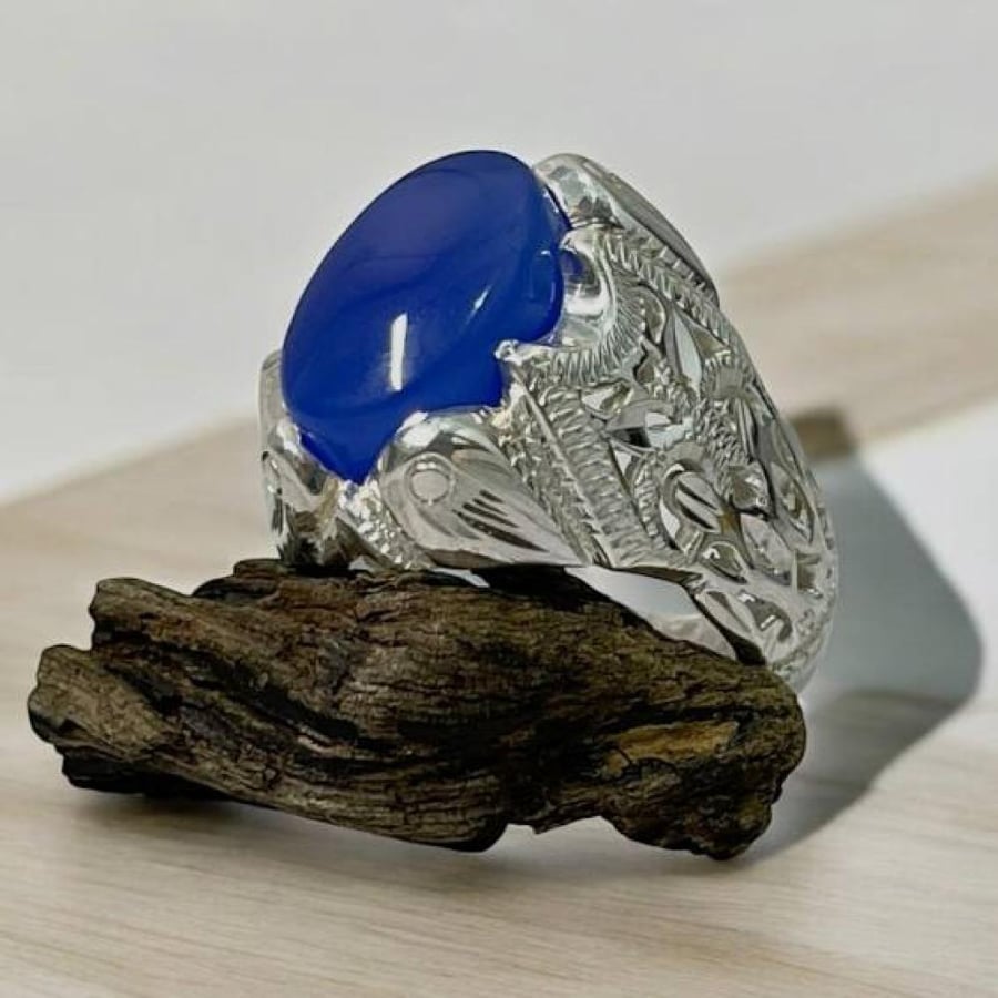Men's silver ring with blue Yamanite agate stone