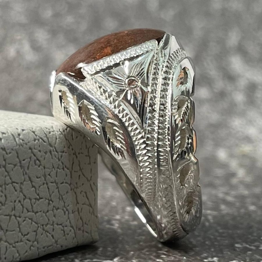 Men's silver ring with natural Mount Uhud stone