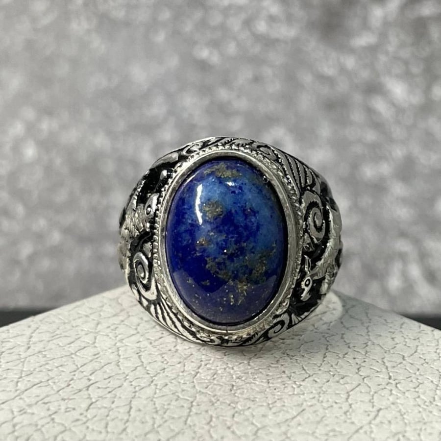 Men's silver ring with natural Afghan Lapis Lazuli stone