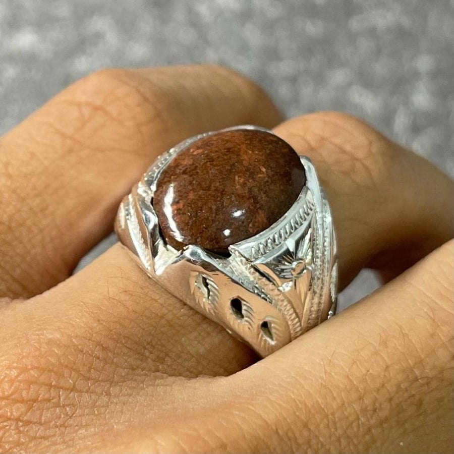 Men's silver ring with natural Mount Uhud stone