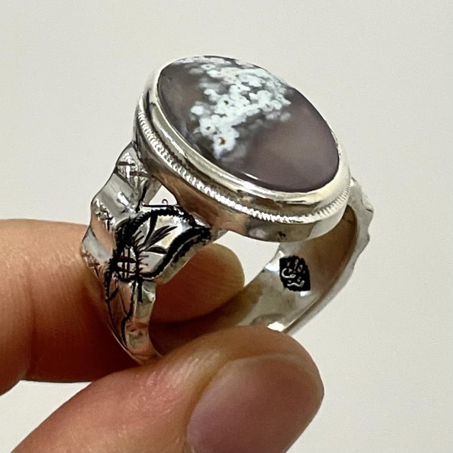Men's silver ring with natural spring rose agate stone