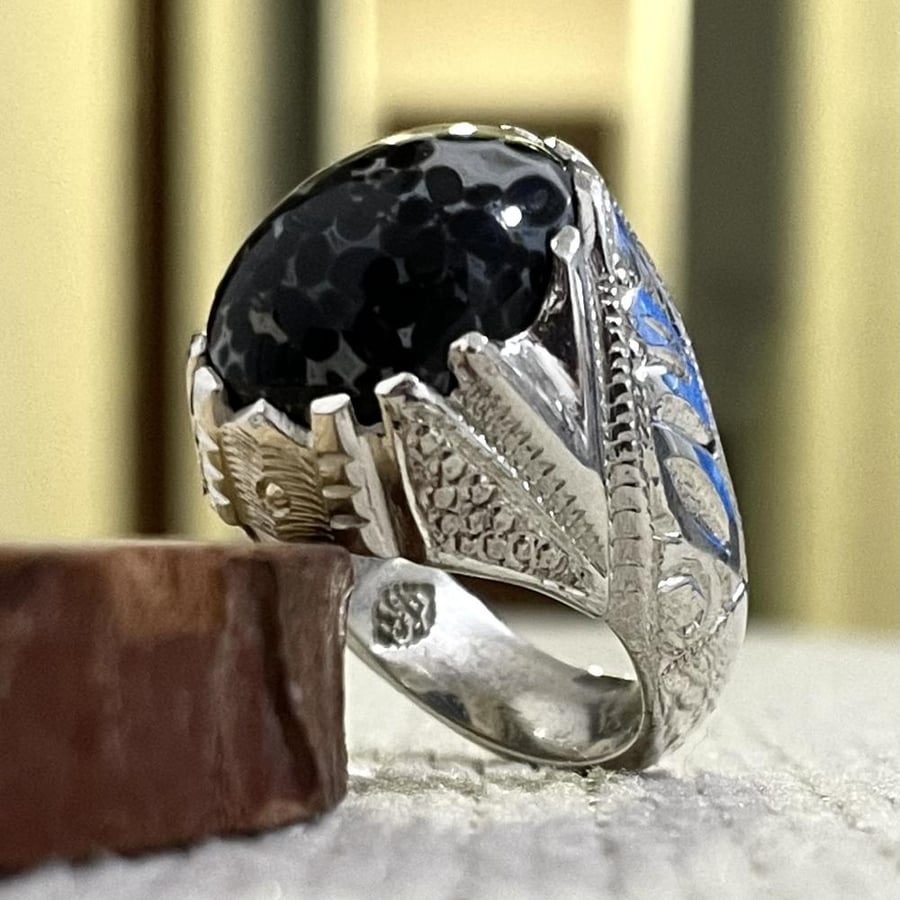 Men's silver ring with agate stone, snake skin, natural Yemeni