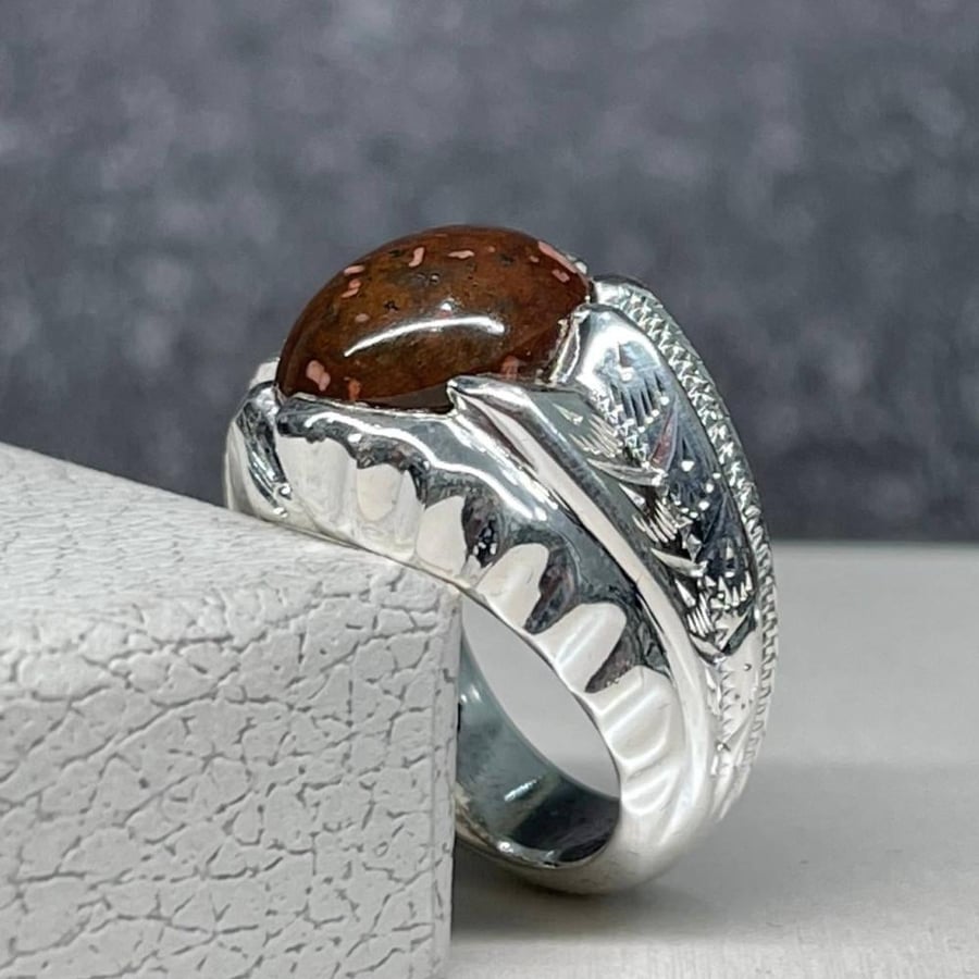 Men's silver ring with natural Mount Uhud stone