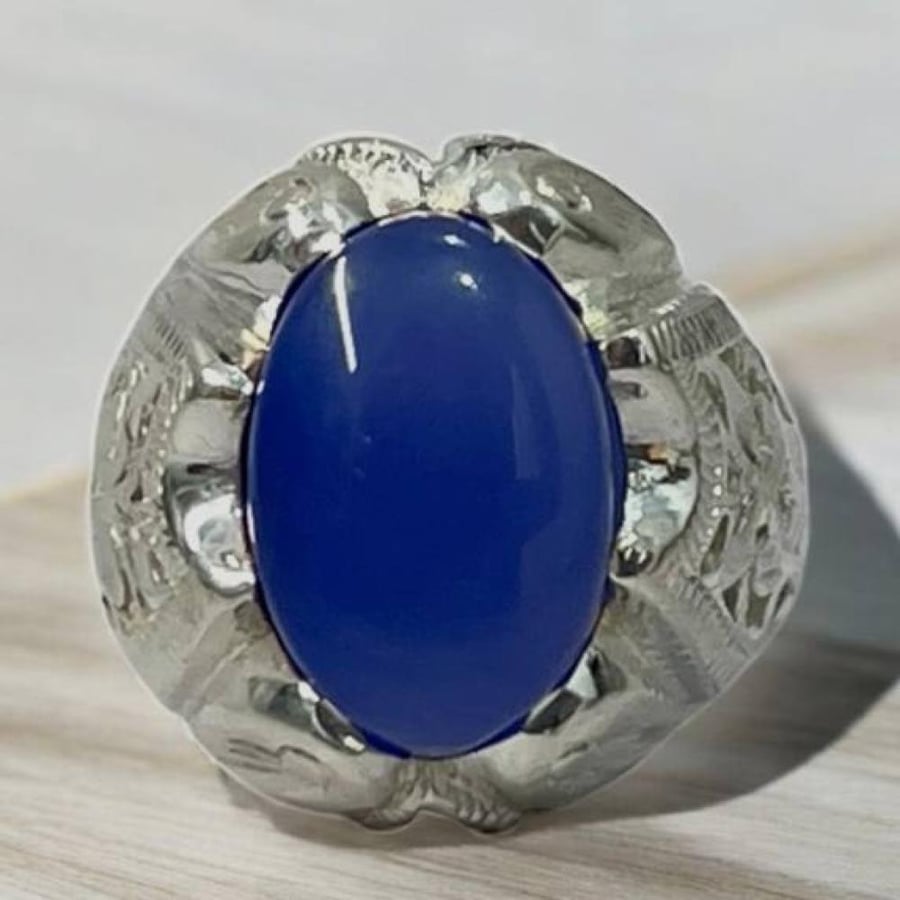 Men's silver ring with blue Yamanite agate stone