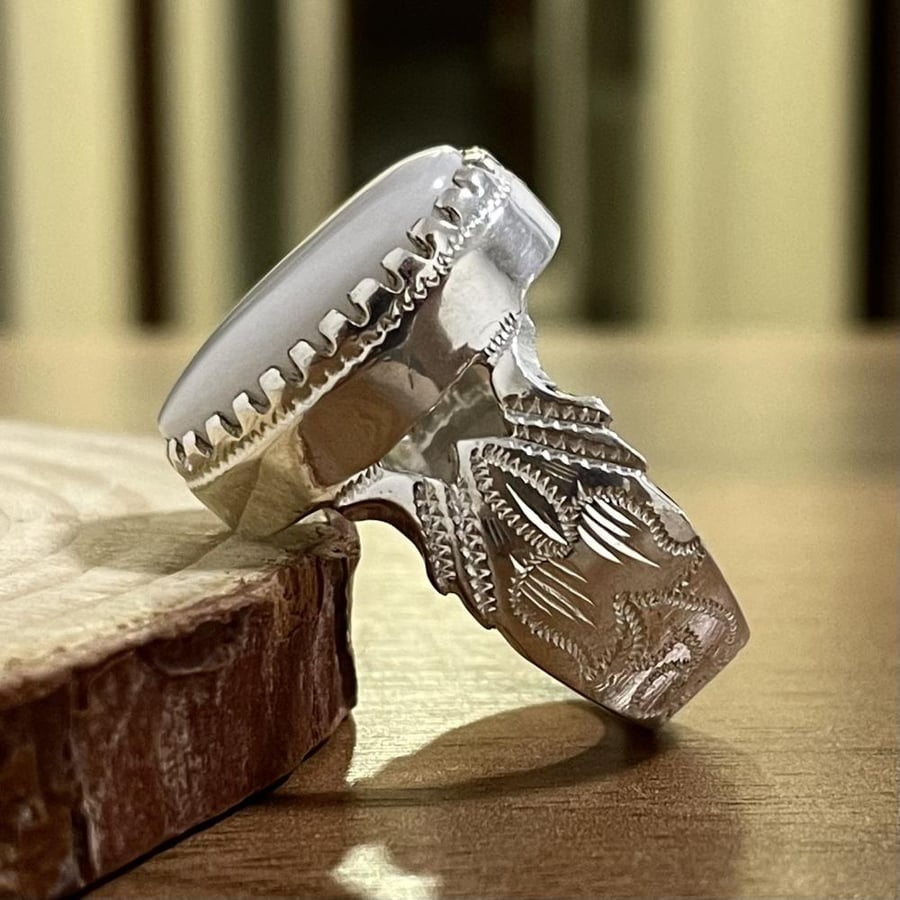 Men's silver ring with white chalky agate stone