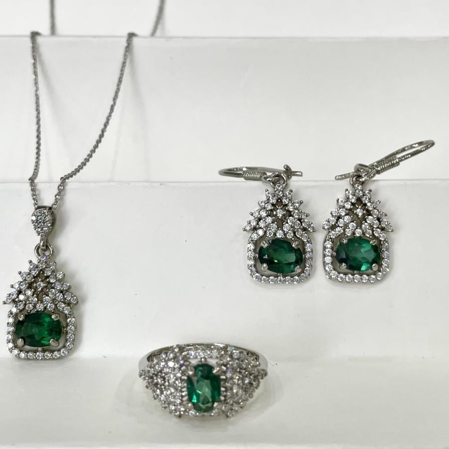 Women's silver set 3 pieces with green topaz stone