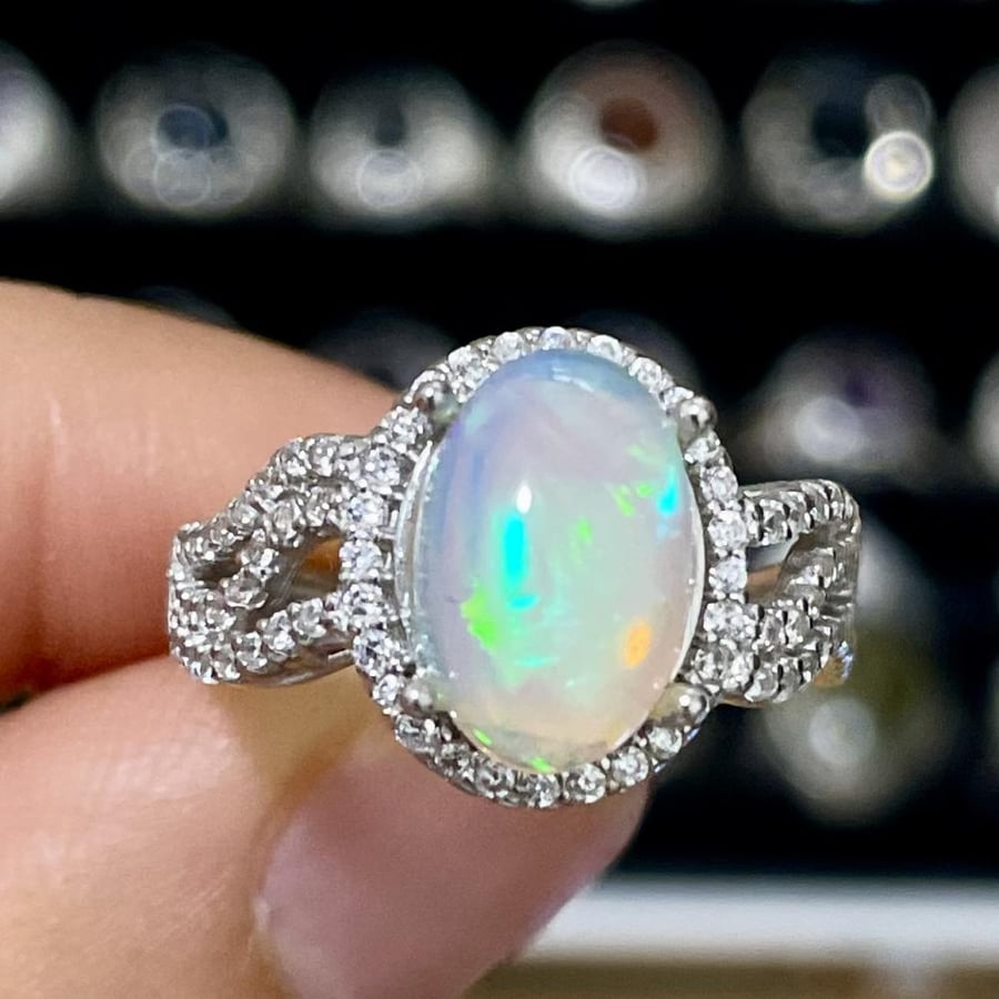 Women's silver ring with natural Ethiopian opal stone