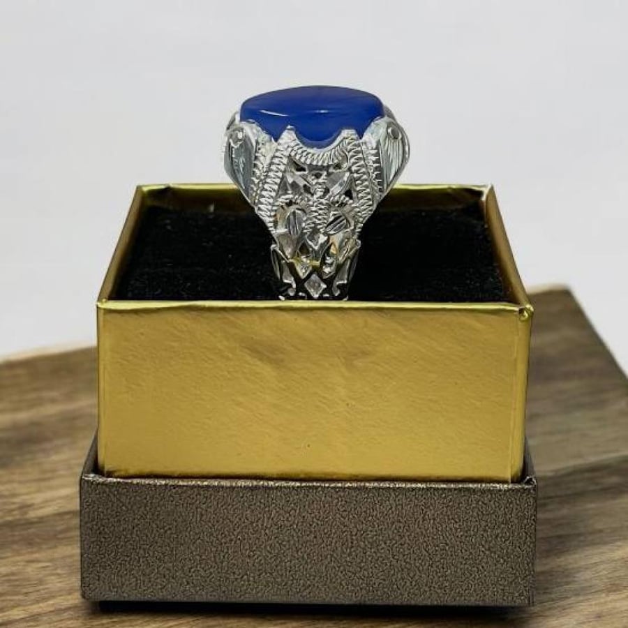 Men's silver ring with blue Yamanite agate stone