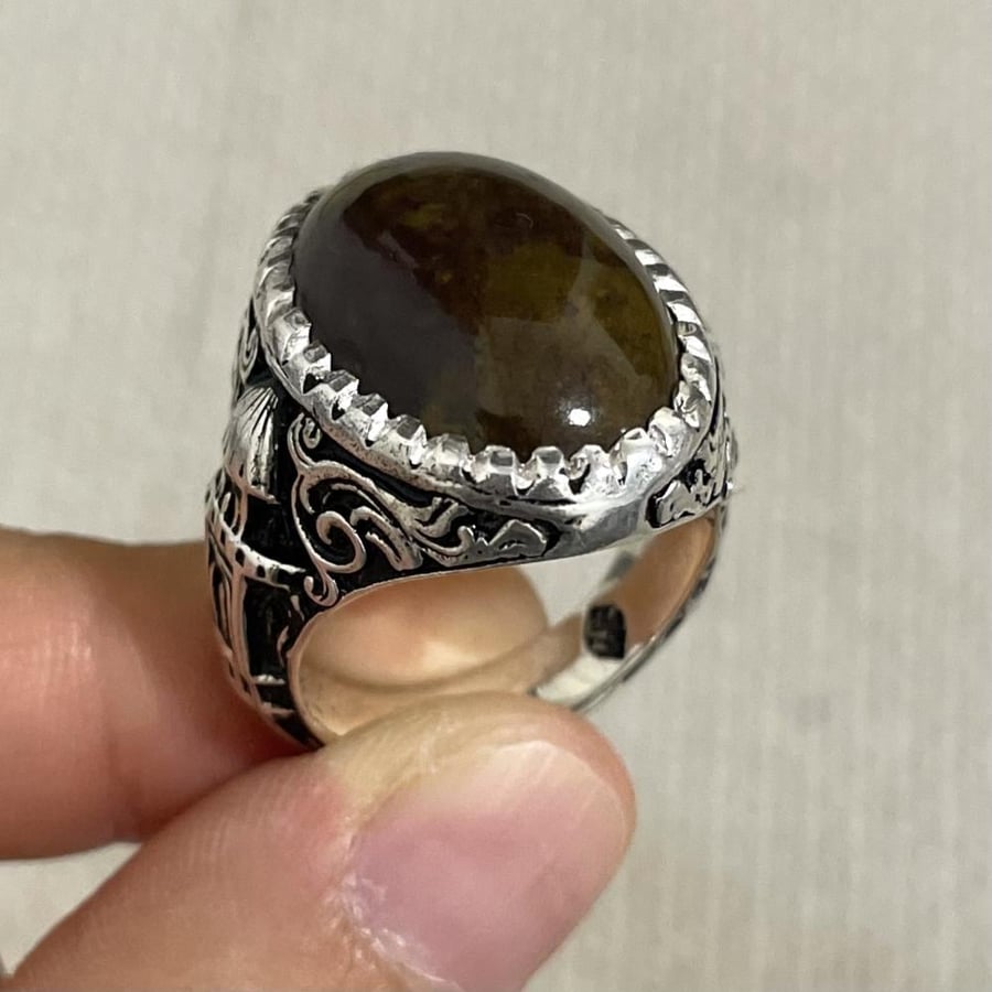 خاتم  فضة رجالي بحجر عقيق طحلبي يماني طبيعي