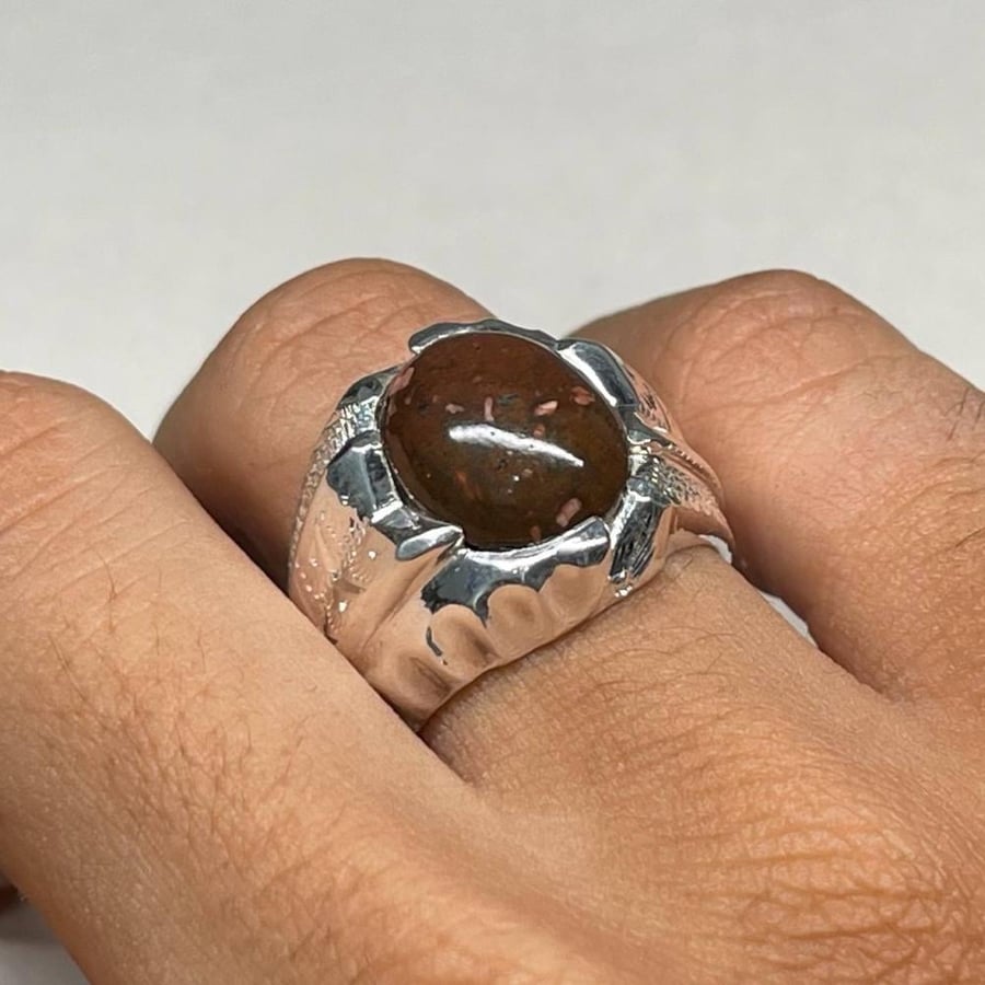 Men's silver ring with natural Mount Uhud stone
