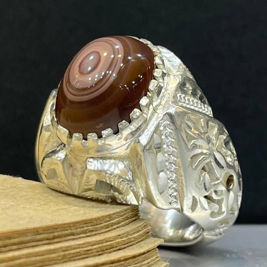 Men's silver ring with natural Sulaimani agate stone
