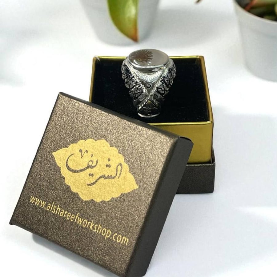 خاتم فضة رجالي بحجر عقيق مشجر يماني طبيعي
