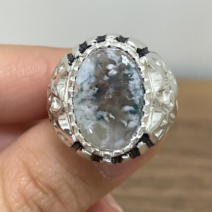 Men's silver ring with natural spring rose agate stone