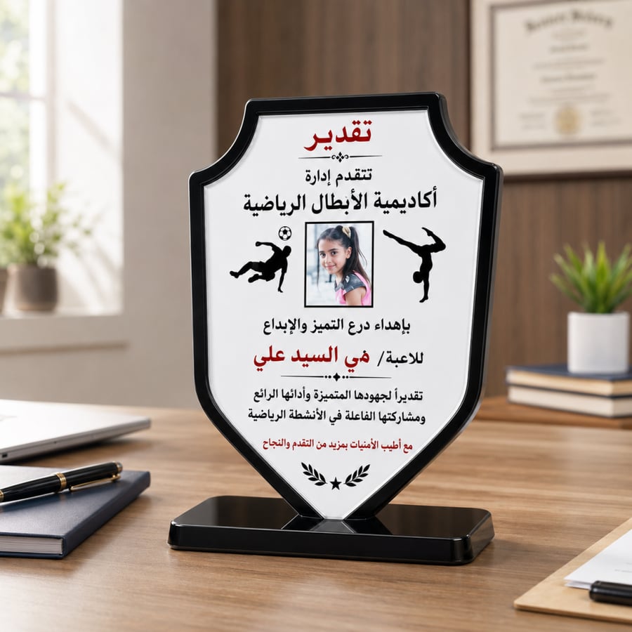 درع رياضي خاص معروض داخل مكتب أكاديمية