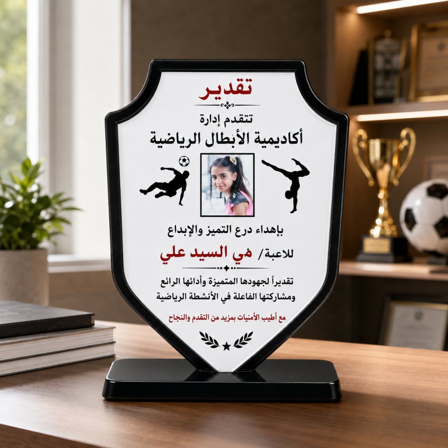 درع رياضي خاص معروض داخل مكتب أكاديمية
