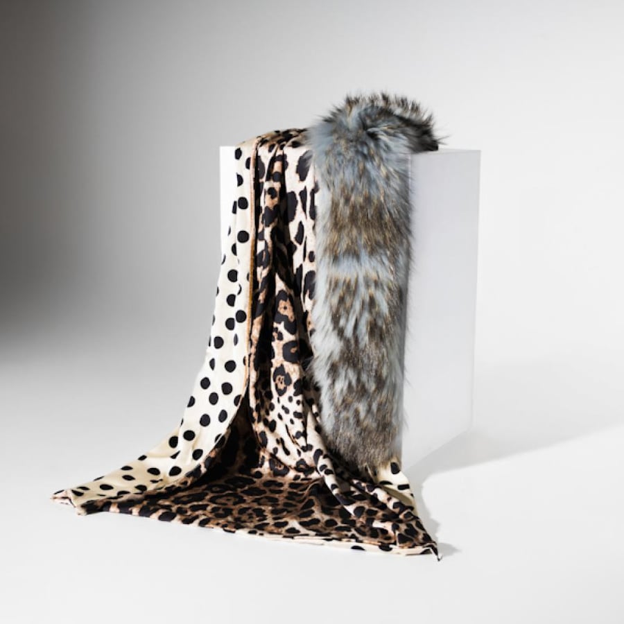 Silk scarf with fur trim, embellished with luxurious crystals, double-sided