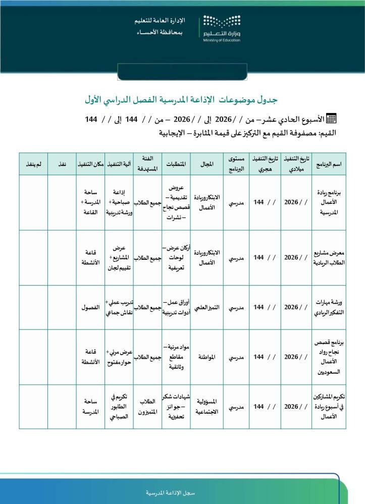 سجل الإذاعة المدرسية الشامل | خطط وتقييم  Word