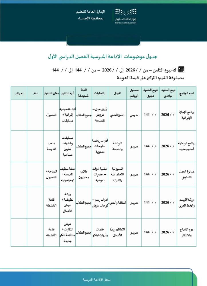 سجل الإذاعة المدرسية الشامل | خطط وتقييم  Word