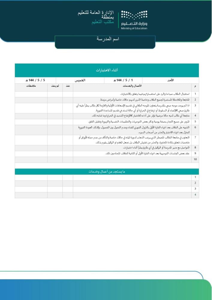 خطة الموجه الطلابي للاختبارات النهائية | Word و PDF