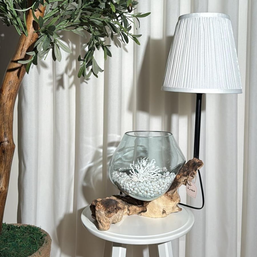 Natural wood lamp with fused glass