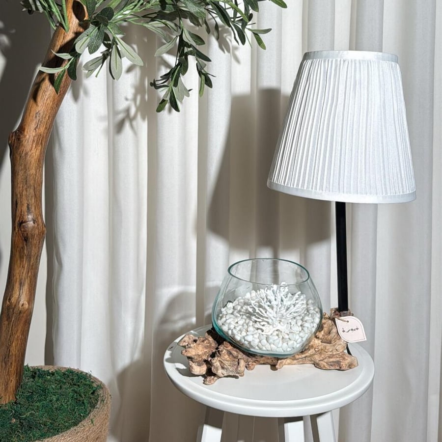 Natural wood lamp with fused glass