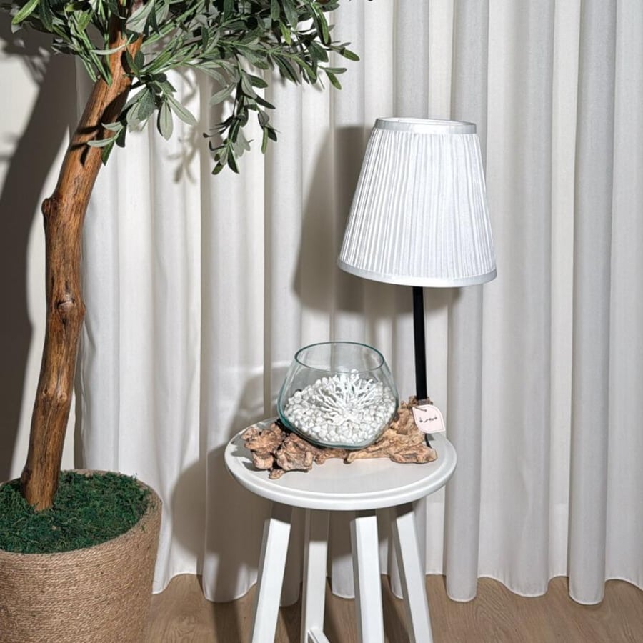 Natural wood lamp with fused glass