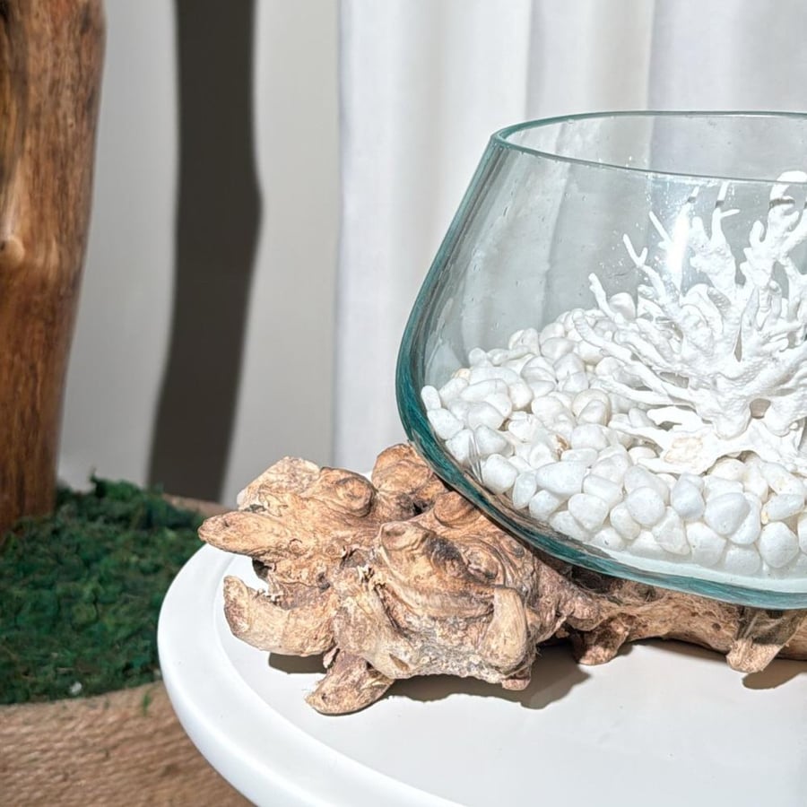 Natural wood lamp with fused glass