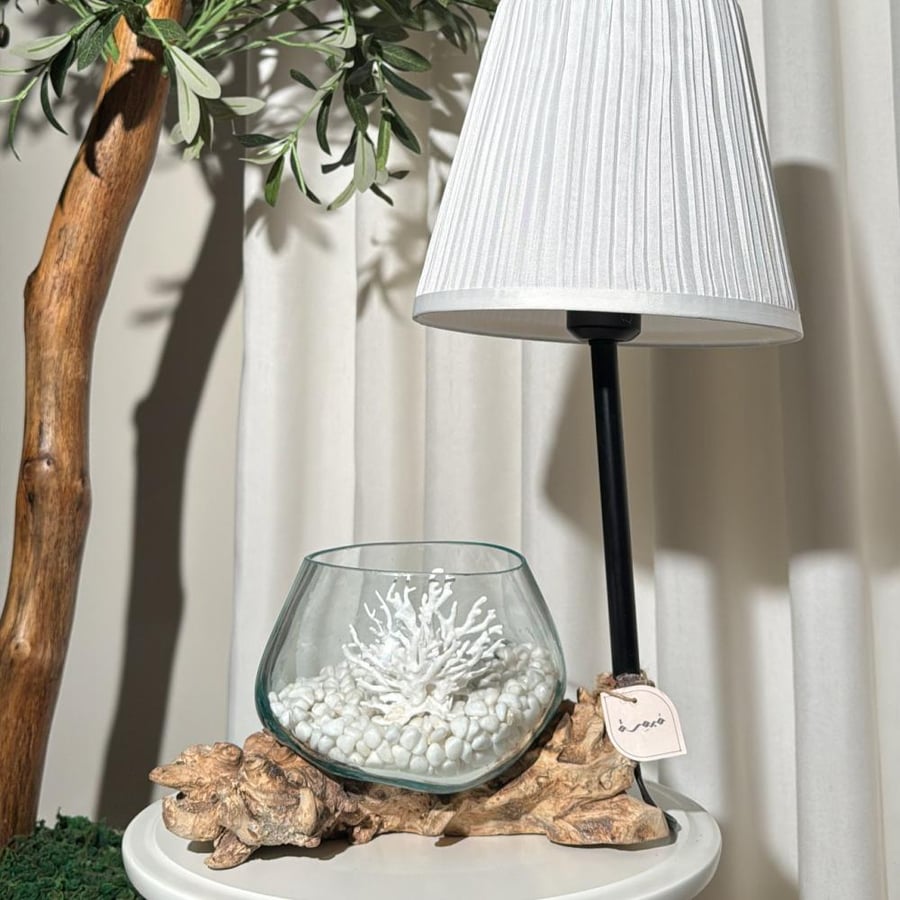 Natural wood lamp with fused glass