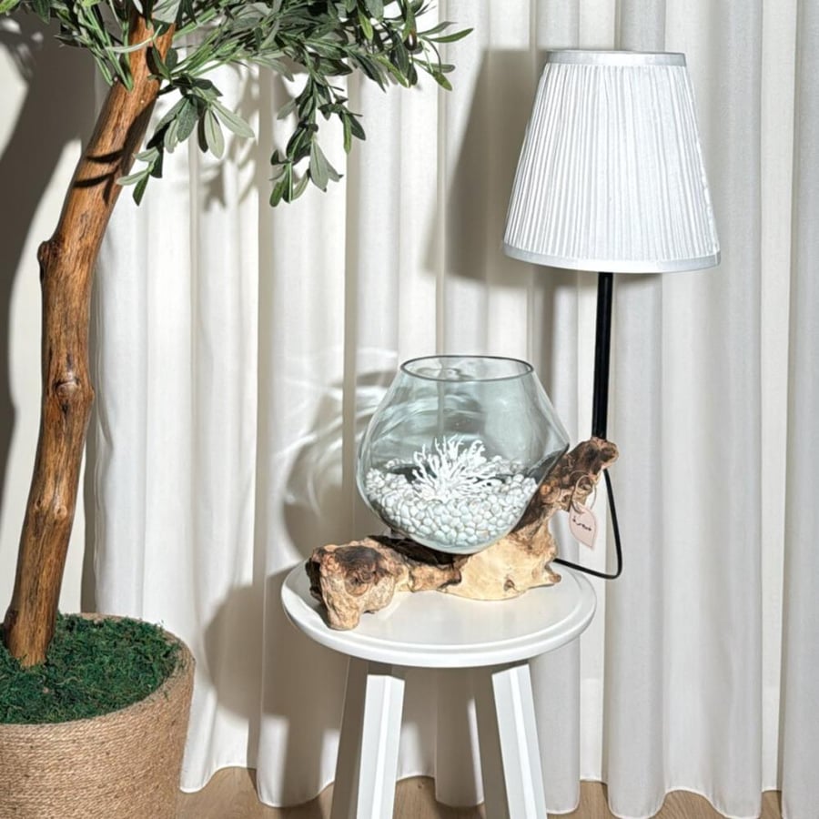 Natural wood lamp with fused glass