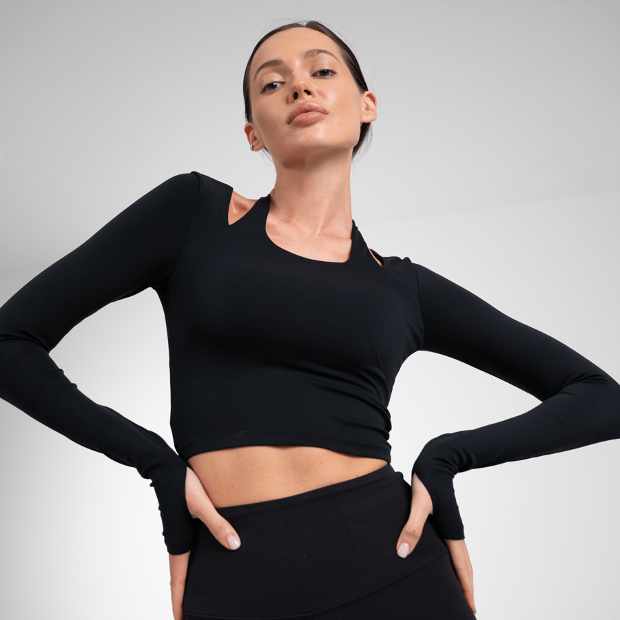 Halter Neck Long Sleeve Top - Black