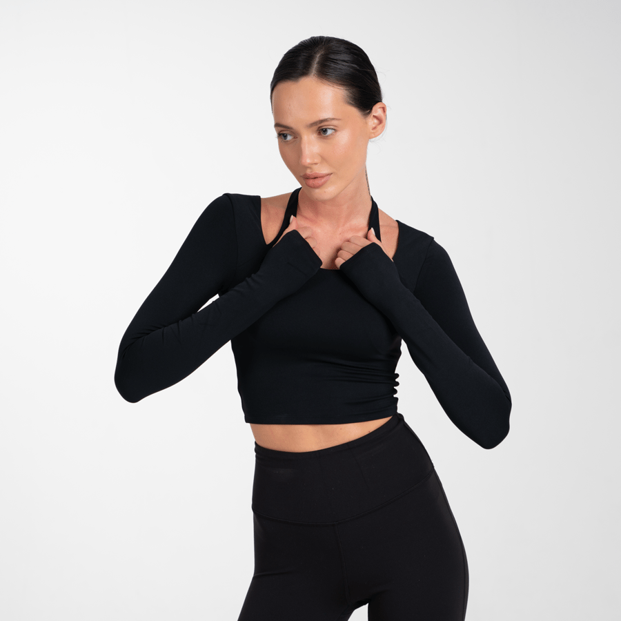 Halter Neck Long Sleeve Top - Black
